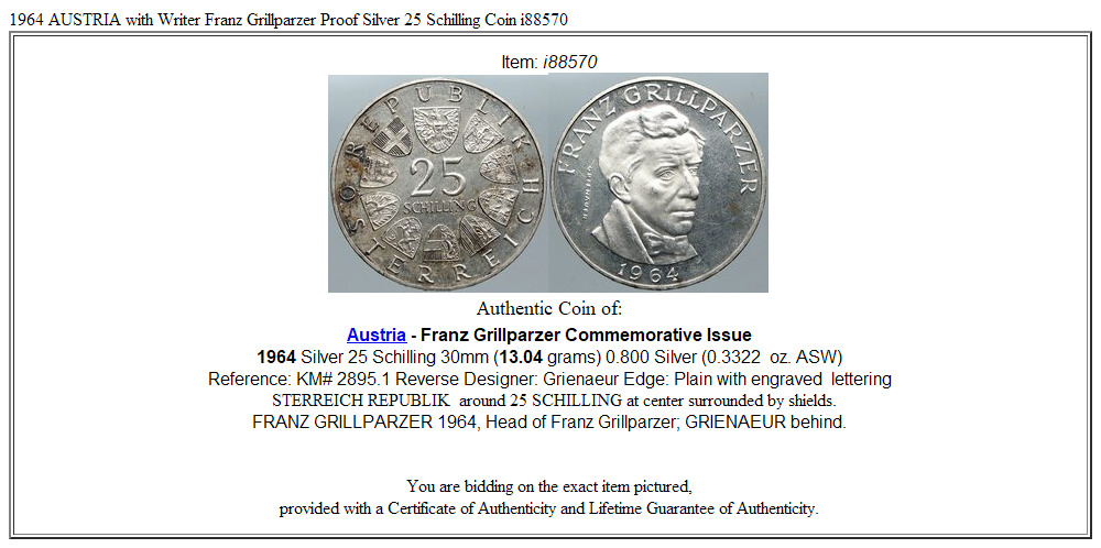 1964 AUSTRIA with Writer Franz Grillparzer OLD Silver 25 Schilling Coin i88570