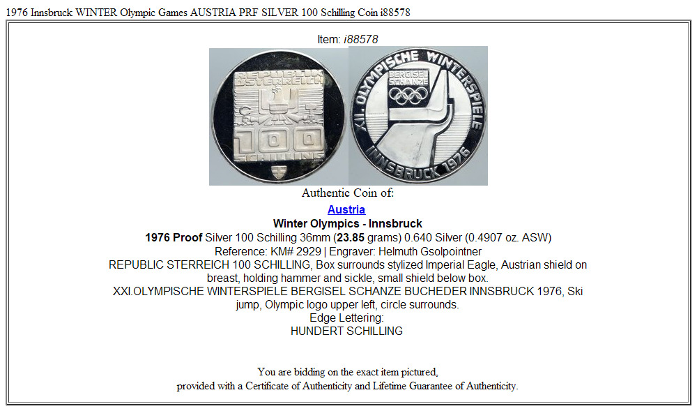 1976 Innsbruck WINTER Olympic Games AUSTRIA PRF SILVER 100 Schilling Coin i88578