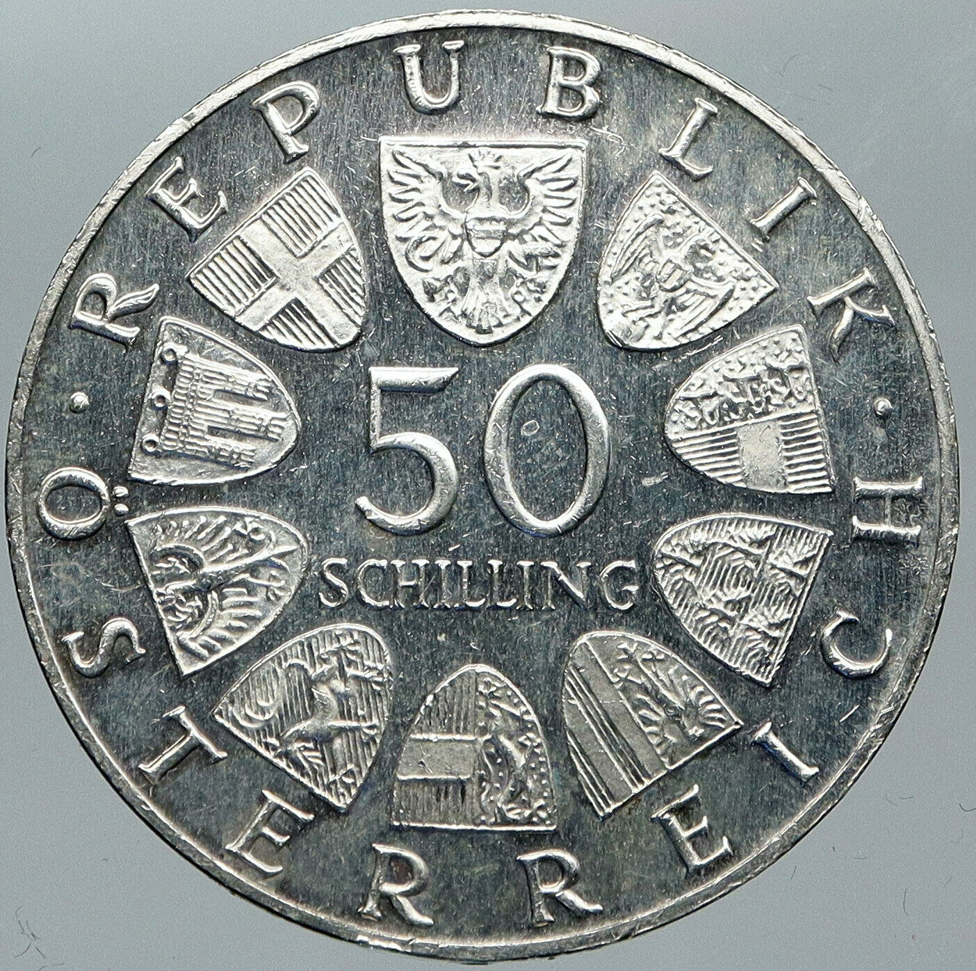 1968 AUSTRIA Shields Vienna Parliament VINTAGE Silver 50 Shilling Coin i88595