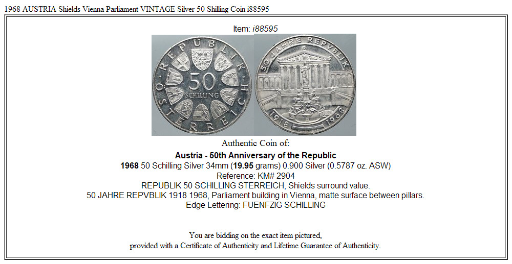 1968 AUSTRIA Shields Vienna Parliament VINTAGE Silver 50 Shilling Coin i88595