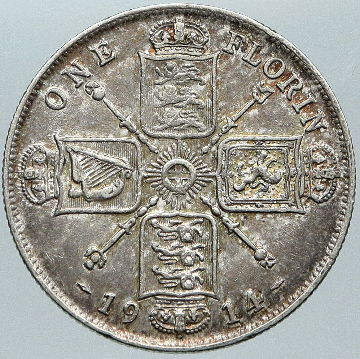 1914 GREAT BRITAIN UK United Kingdom King George V Big SILVER FLORIN Coin i88571