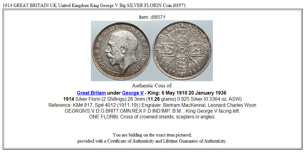 1914 GREAT BRITAIN UK United Kingdom King George V Big SILVER FLORIN Coin i88571