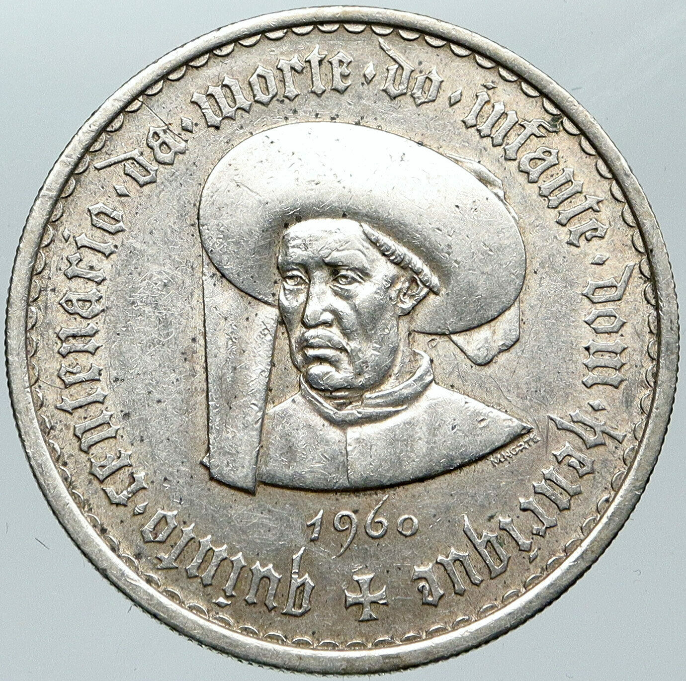 1960 PORTUGAL Prince Henry the Navigator 20 Escudos Antique Silver Coin i88580