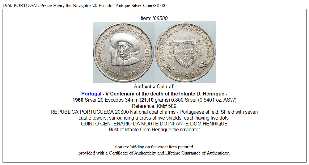 1960 PORTUGAL Prince Henry the Navigator 20 Escudos Antique Silver Coin i88580