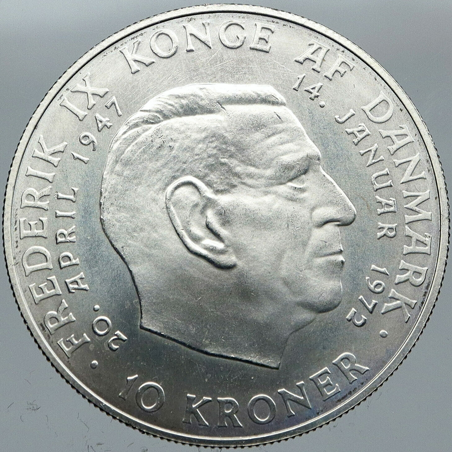 1972 DENMARK King Frederick IX & Queen Margrethe II Silver 10 Kroner Coin i88604