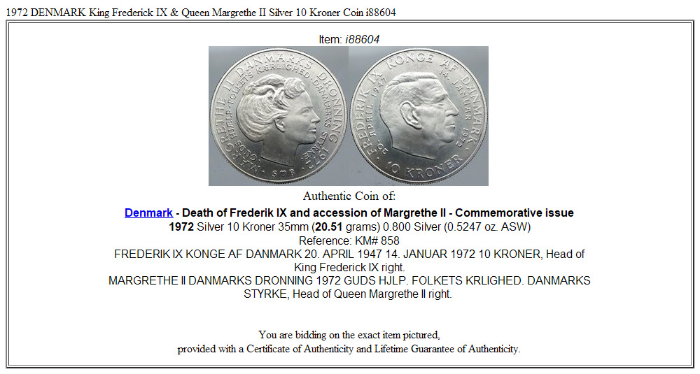 1972 DENMARK King Frederick IX & Queen Margrethe II Silver 10 Kroner Coin i88604