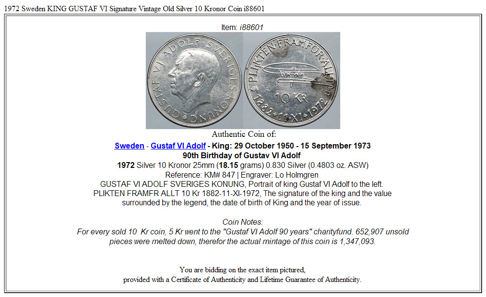 1972 Sweden KING GUSTAF VI Signature Vintage Old Silver 10 Kronor Coin i88601