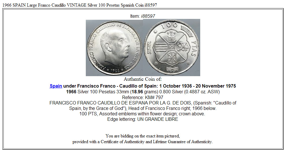 1966 SPAIN Large Franco Caudillo VINTAGE Silver 100 Pesetas Spanish Coin i88597