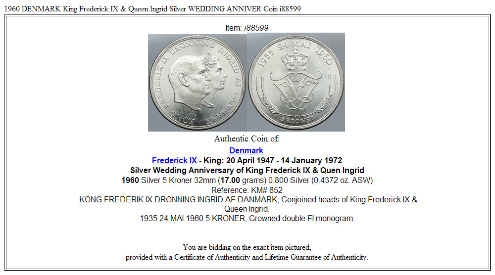 1960 DENMARK King Frederick IX & Queen Ingrid Silver WEDDING ANNIVER Coin i88599