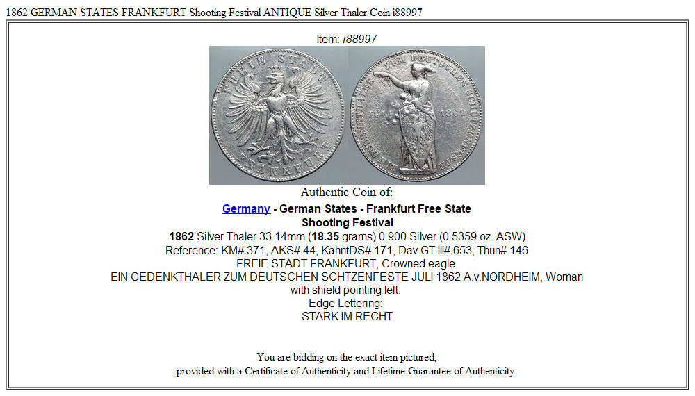 1862 GERMAN STATES FRANKFURT Shooting Festival ANTIQUE Silver Thaler Coin i88997