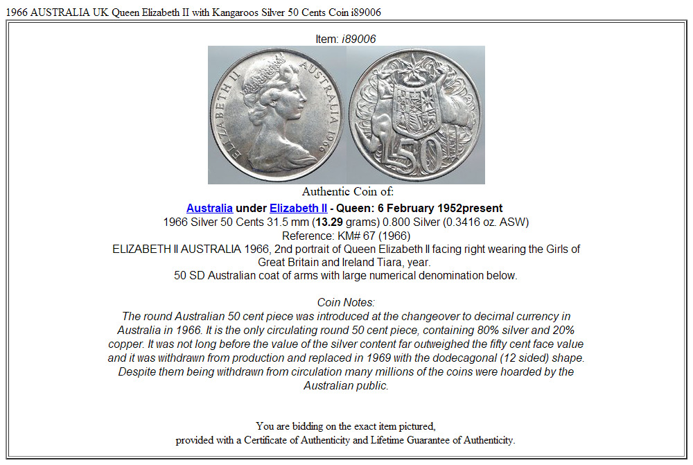 1966 AUSTRALIA UK Queen Elizabeth II with Kangaroos Silver 50 Cents Coin i89006