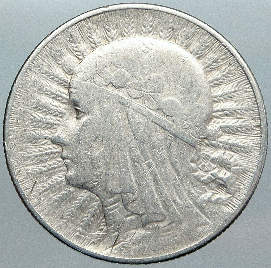 1933 POLAND Queen Jadwiga & Eagle Polish Antique Silver 5 Zlotych Coin i89013