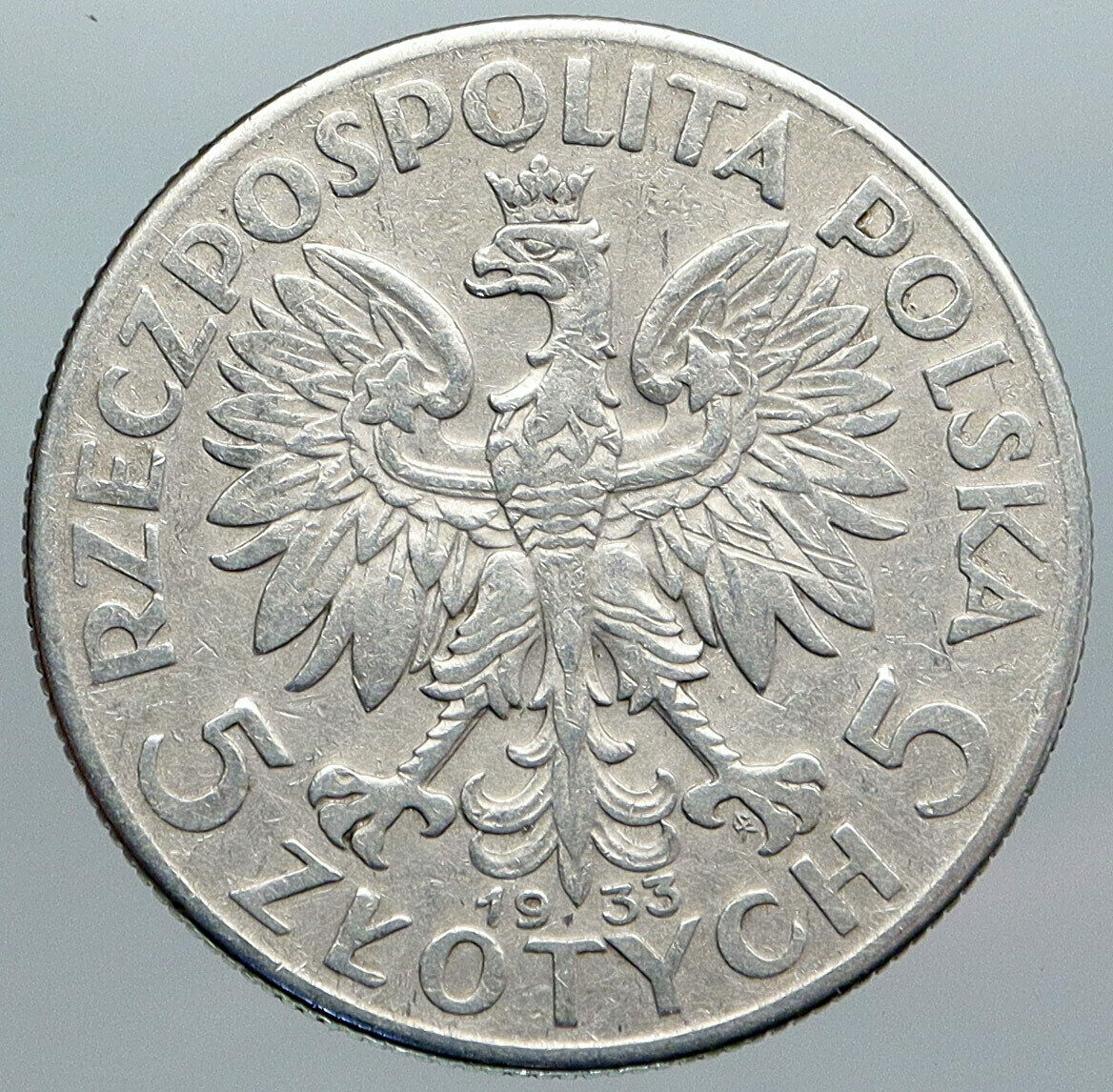 1933 POLAND Queen Jadwiga & Eagle Polish Antique Silver 5 Zlotych Coin i89013