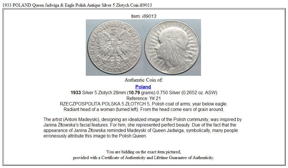 1933 POLAND Queen Jadwiga & Eagle Polish Antique Silver 5 Zlotych Coin i89013