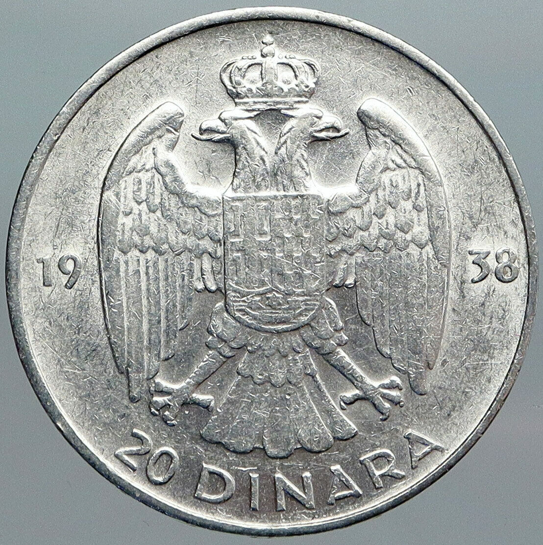 1938 YUGOSLAVIA King Peter II Eagle Antique VINTAGE Silver 20 Dinara Coin i89012