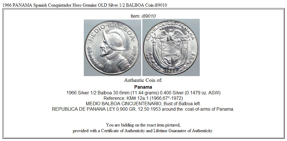 1966 PANAMA Spanish Conquistador Hero Genuine OLD Silver 1/2 BALBOA Coin i89010