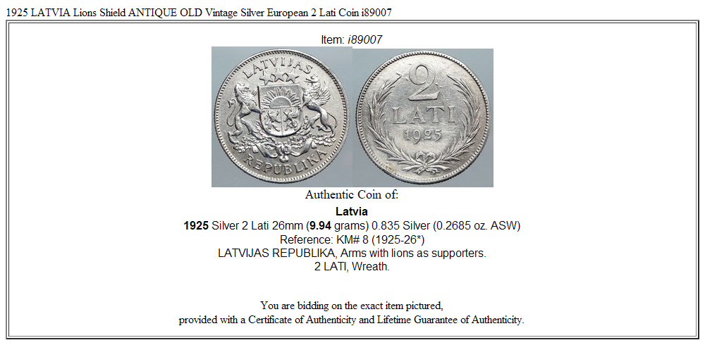 1925 LATVIA Lions Shield ANTIQUE OLD Vintage Silver European 2 Lati Coin i89007