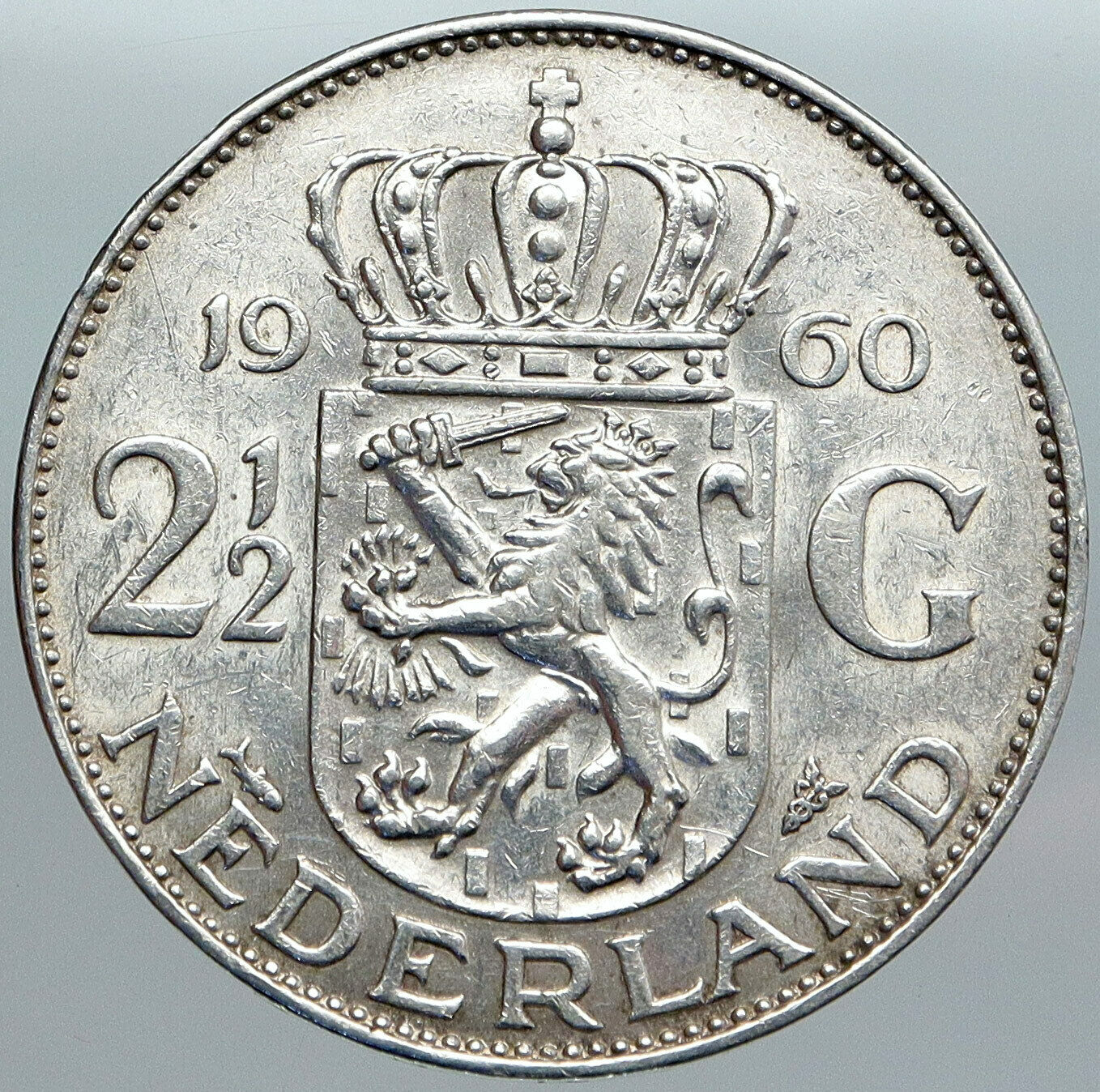 1960 Netherlands Kingdom Queen JULIANA Authentic Silver 2 1/2 Gulden Coin i89011