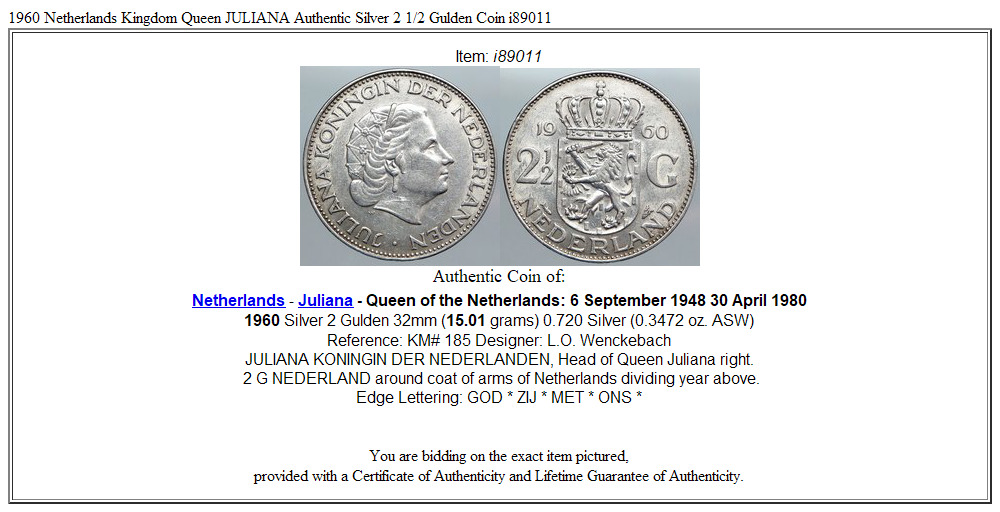 1960 Netherlands Kingdom Queen JULIANA Authentic Silver 2 1/2 Gulden Coin i89011