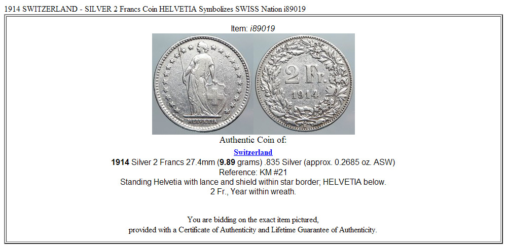 1914 SWITZERLAND - SILVER 2 Francs Coin HELVETIA Symbolizes SWISS Nation i89019