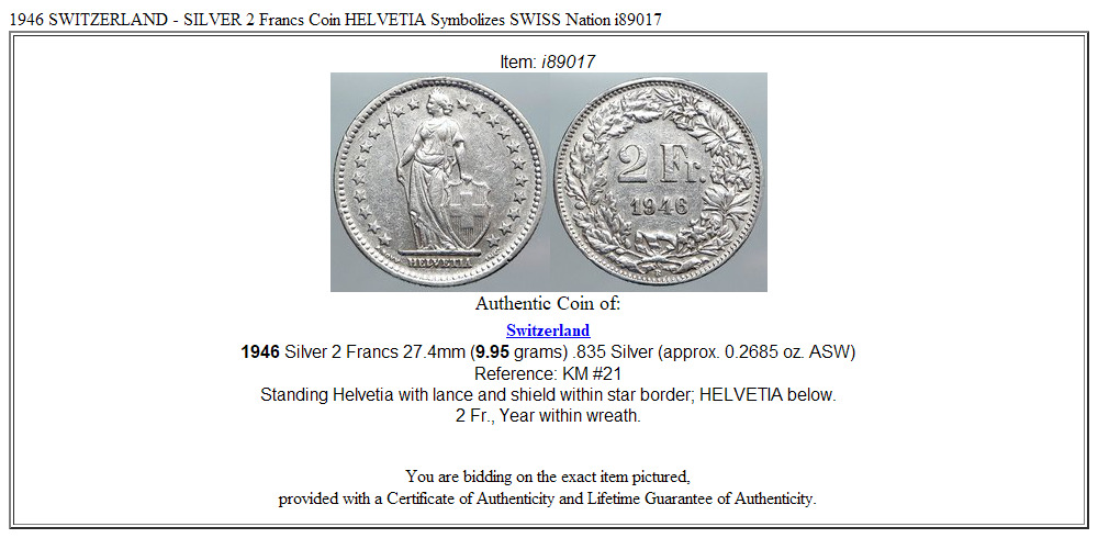 1946 SWITZERLAND - SILVER 2 Francs Coin HELVETIA Symbolizes SWISS Nation i89017