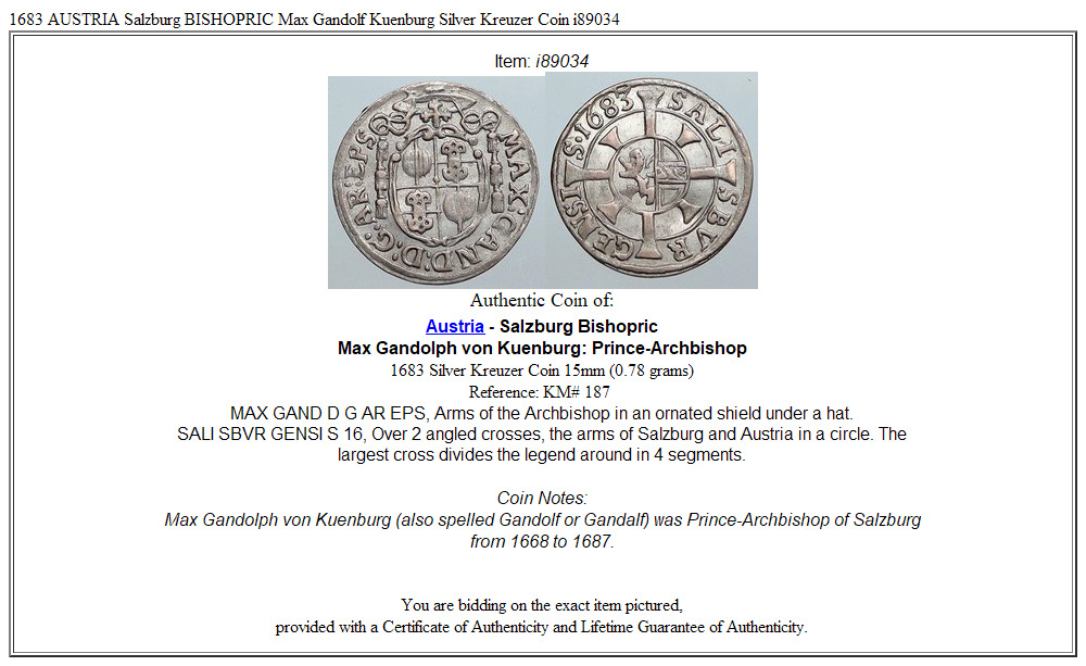 1683 AUSTRIA Salzburg BISHOPRIC Max Gandolf Kuenburg Silver Kreuzer Coin i89034