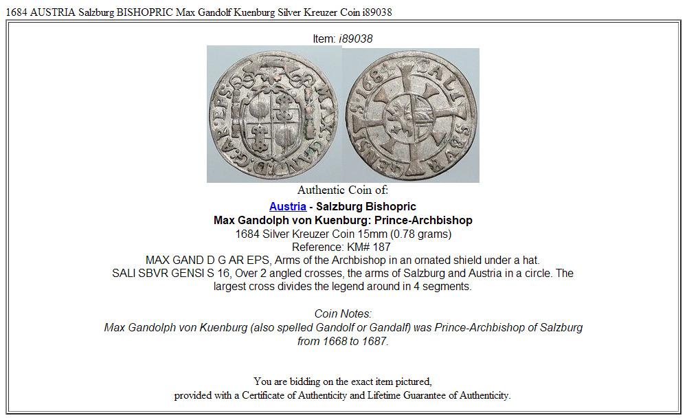 1684 AUSTRIA Salzburg BISHOPRIC Max Gandolf Kuenburg Silver Kreuzer Coin i89038