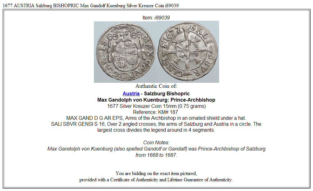 1677 AUSTRIA Salzburg BISHOPRIC Max Gandolf Kuenburg Silver Kreuzer Coin i89039