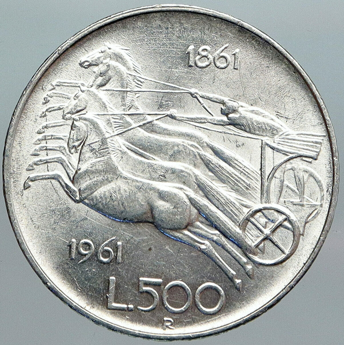 1961 ITALY Silver 500 Lire Coin ITALIAN UNIFICATION Rome Capital CHARIOT i89015