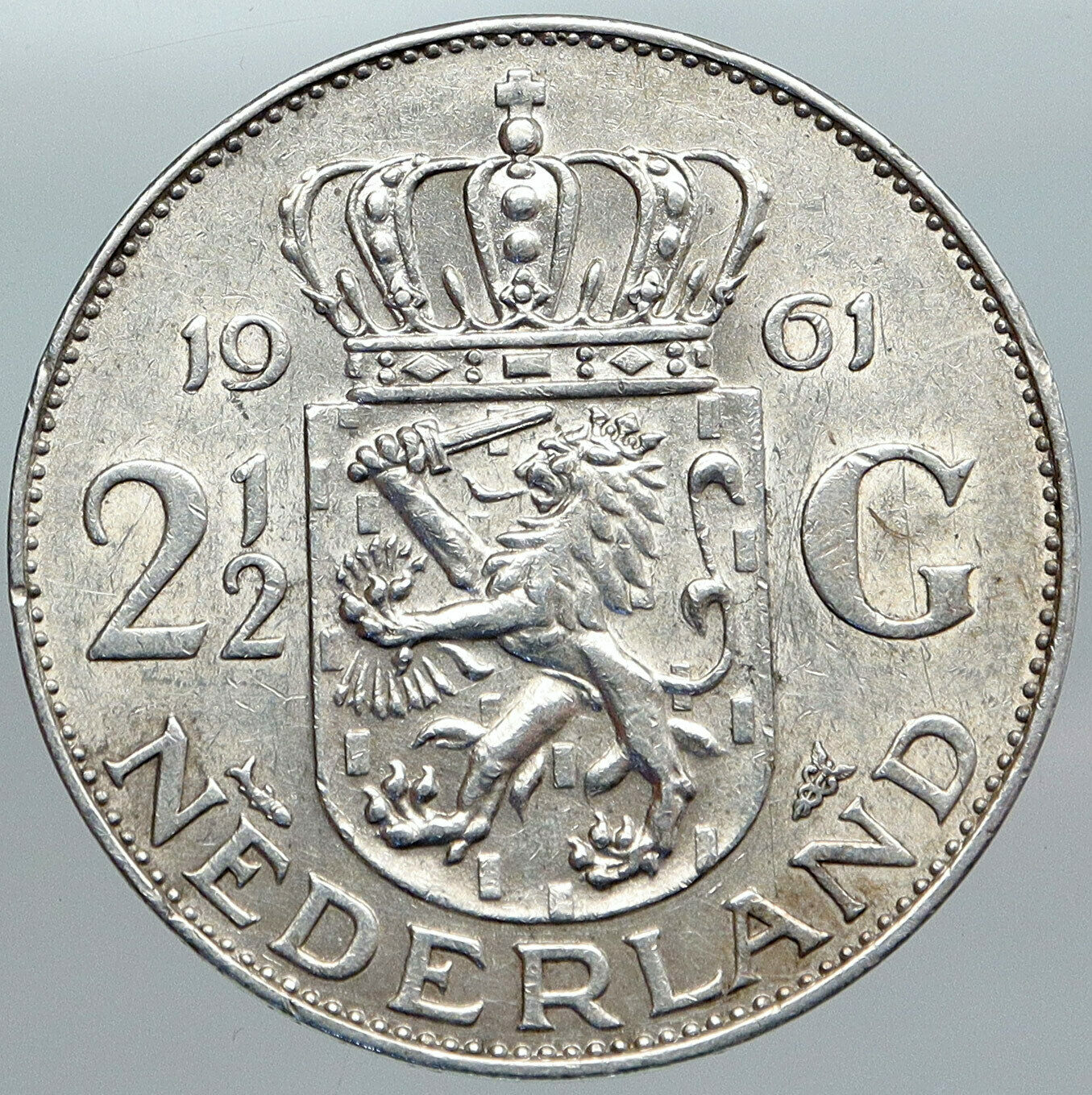 1961 Netherlands Kingdom Queen JULIANA Vintage Silver 2 1/2 Gulden Coin i89016