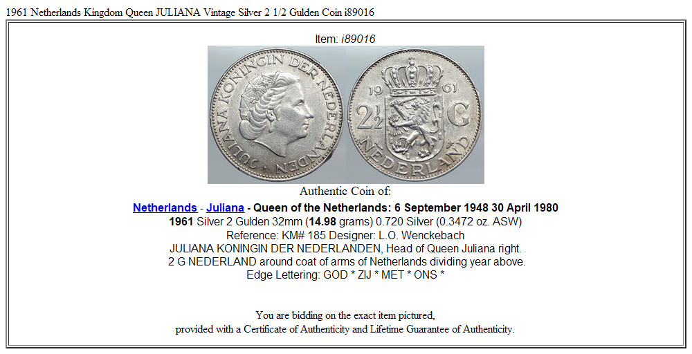 1961 Netherlands Kingdom Queen JULIANA Vintage Silver 2 1/2 Gulden Coin i89016