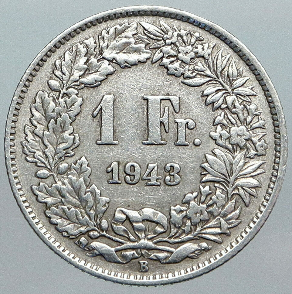 1943 SWITZERLAND HELVETIA Symbolizes OLD SWISS Nation SILVER 1 Franc Coin i89022