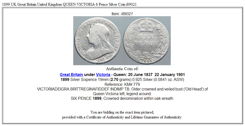 1899 UK Great Britain United Kingdom QUEEN VICTORIA 6 Pence Silver Coin i89021