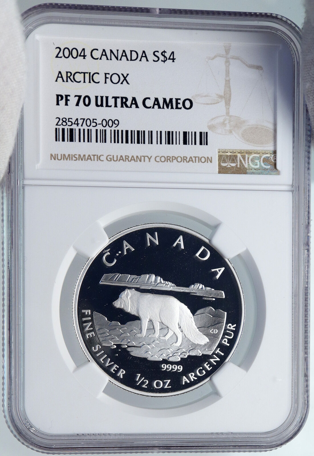 2004 CANADA UK Queen Elizabeth II ARCTIC FOX Old Silver Proof $4 Coin NGC i89240