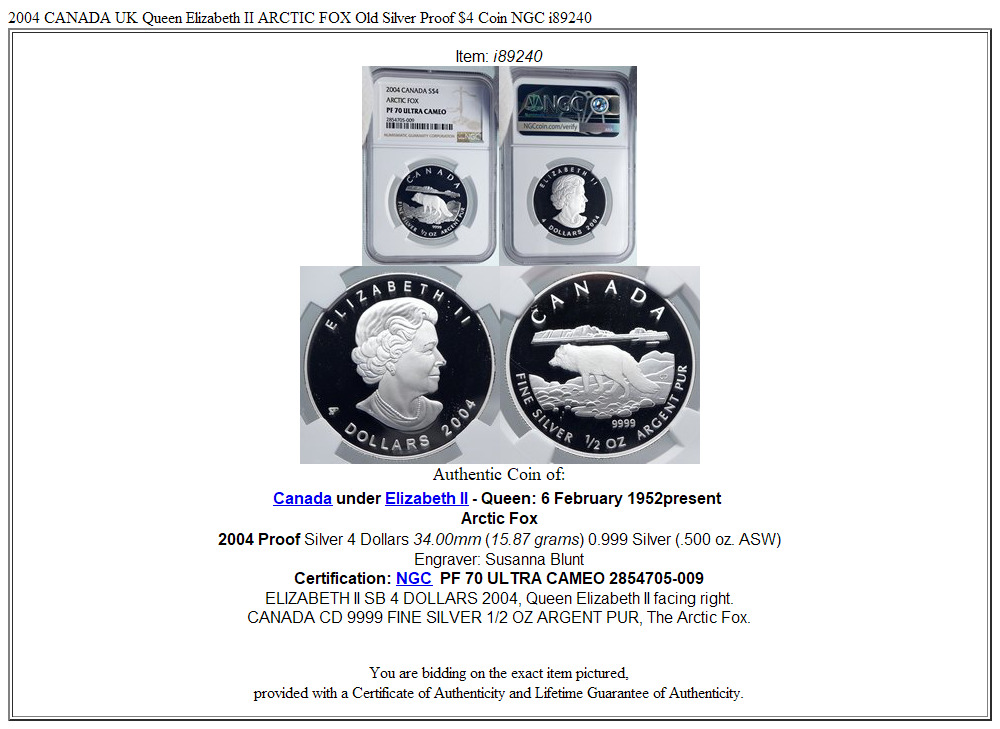 2004 CANADA UK Queen Elizabeth II ARCTIC FOX Old Silver Proof $4 Coin NGC i89240