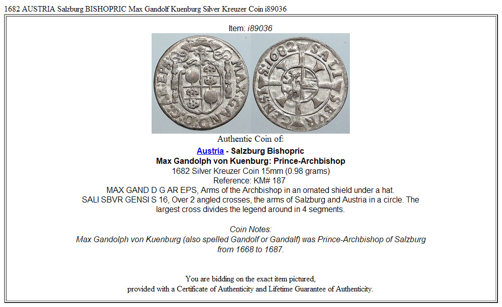 1682 AUSTRIA Salzburg BISHOPRIC Max Gandolf Kuenburg Silver Kreuzer Coin i89036