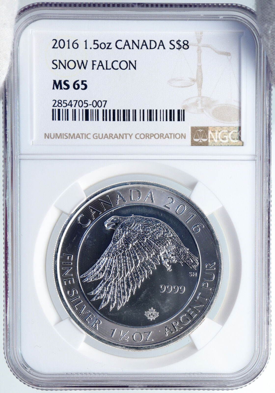 2016 CANADA Queen Elizabeth II SNOWY GYRFALCON 1.5 OZ Silver $8 Coin NGC i89238