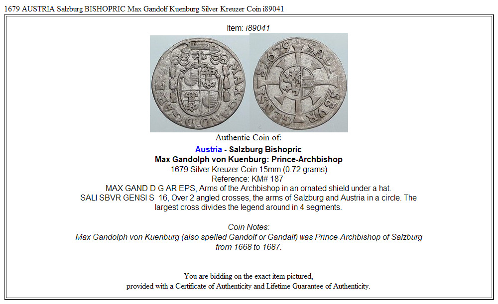 1679 AUSTRIA Salzburg BISHOPRIC Max Gandolf Kuenburg Silver Kreuzer Coin i89041