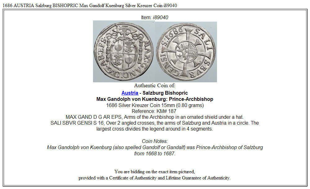 1686 AUSTRIA Salzburg BISHOPRIC Max Gandolf Kuenburg Silver Kreuzer Coin i89040