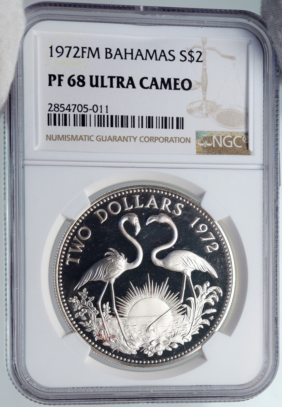 1972 The BAHAMAS Old Queen Elizabeth II FLAMINGO Proof Silver $2 Coin NGC i89242