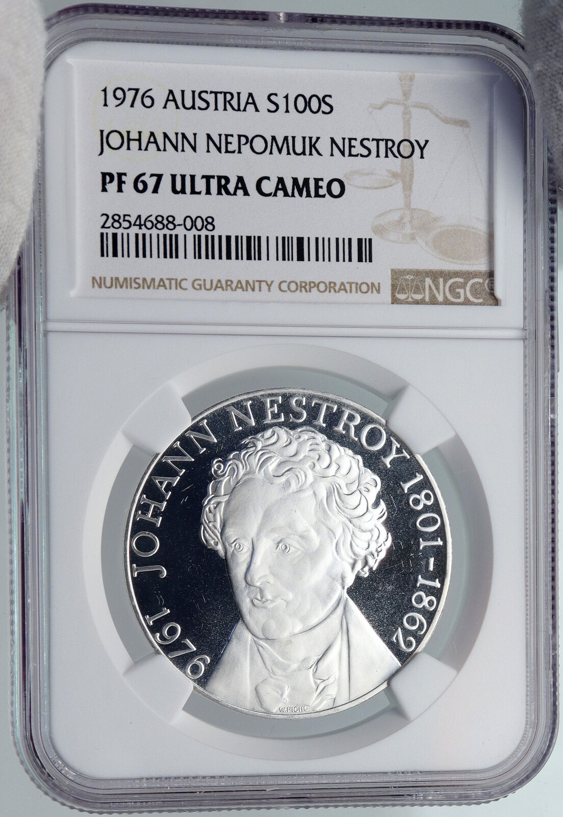 1976 AUSTRIA Musician Actor Johann Nestroy Silver 100 Schilling Coin NGC i89249