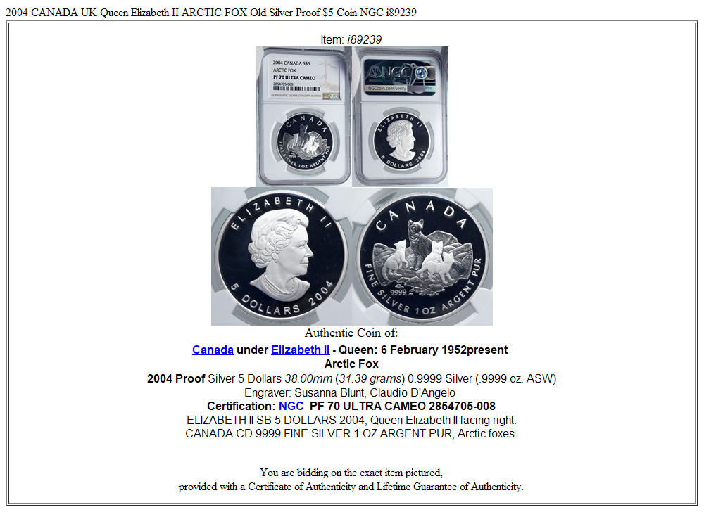 2004 CANADA UK Queen Elizabeth II ARCTIC FOX Old Silver Proof $5 Coin NGC i89239