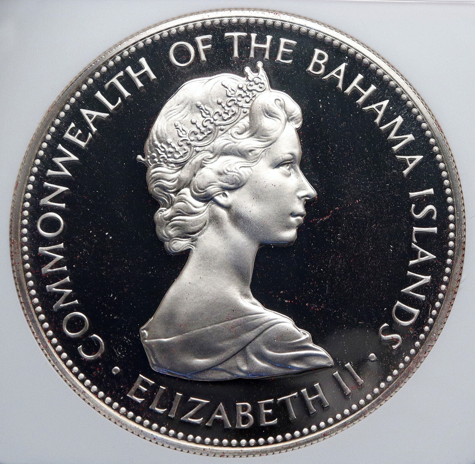 1972 BAHAMAS Queen HUGE PIRATE DEFEAT MOTTO Vintage Silver $5 Coin NGC i89241