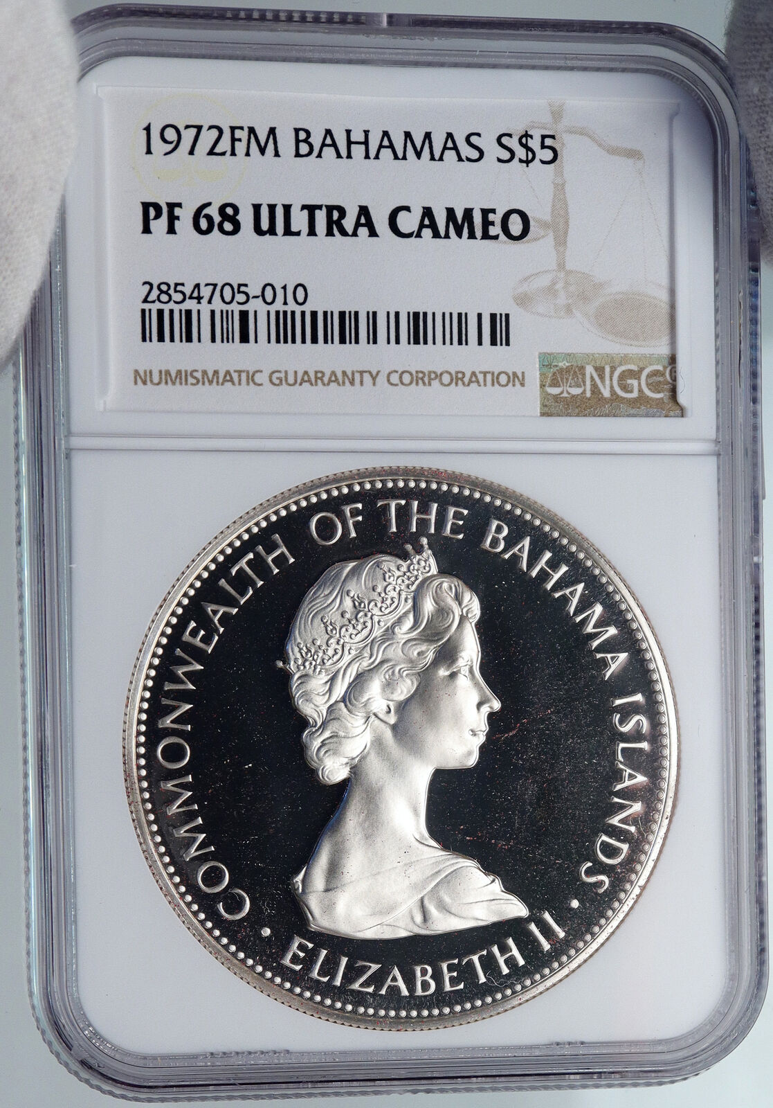 1972 BAHAMAS Queen HUGE PIRATE DEFEAT MOTTO Vintage Silver $5 Coin NGC i89241