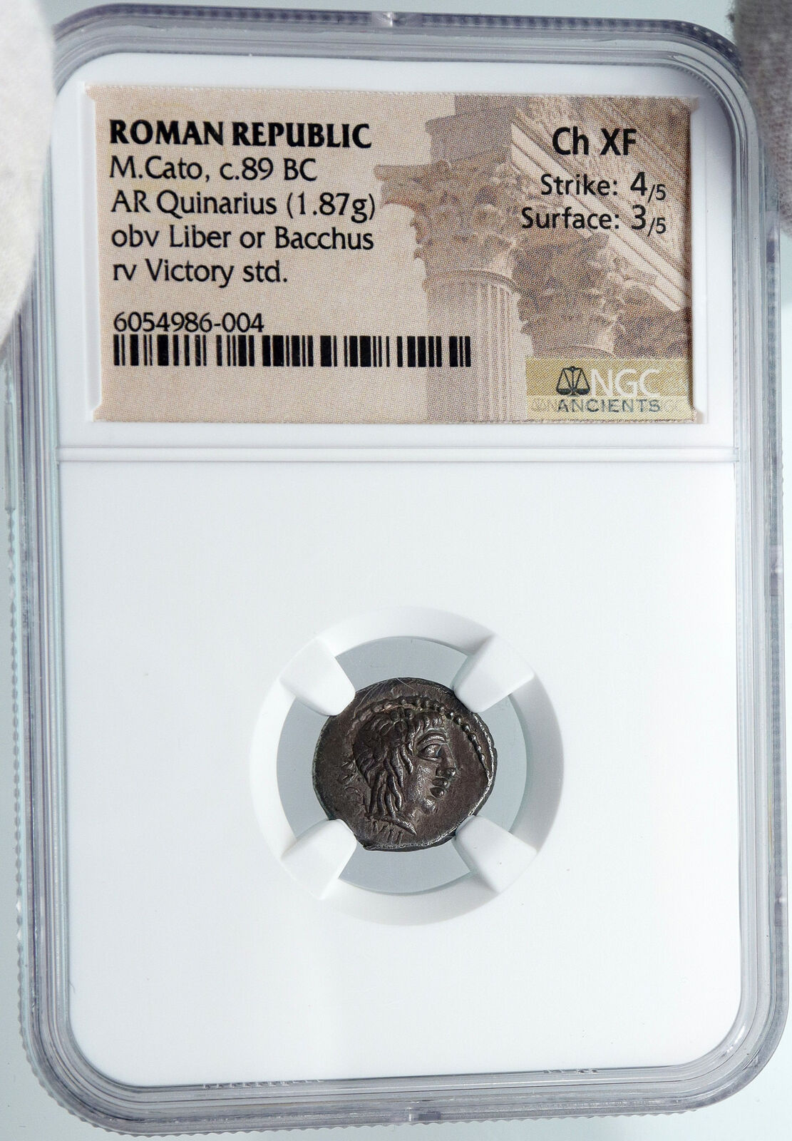 Roman Republic 89BC Ancient Rome Silver Coin CATO Moneyer VICTORY NGC i88629