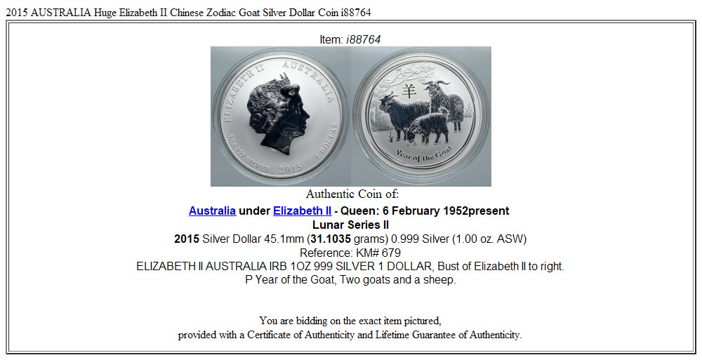 2015 AUSTRALIA Huge Elizabeth II Chinese Zodiac Goat Silver Dollar Coin i88764