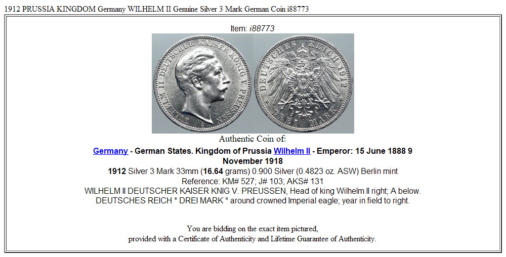 1912 PRUSSIA KINGDOM Germany WILHELM II Genuine Silver 3 Mark German Coin i88773