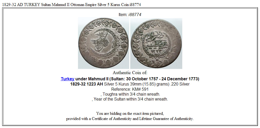 1829-32 AD TURKEY Sultan Mahmud II Ottoman Empire Silver 5 Kurus Coin i88774