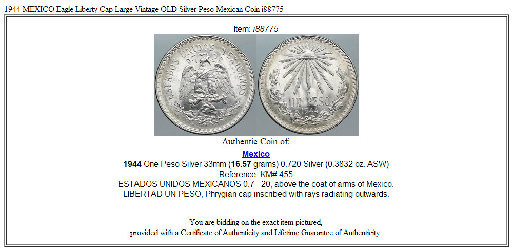 1944 MEXICO Eagle Liberty Cap Large Vintage OLD Silver Peso Mexican Coin i88775