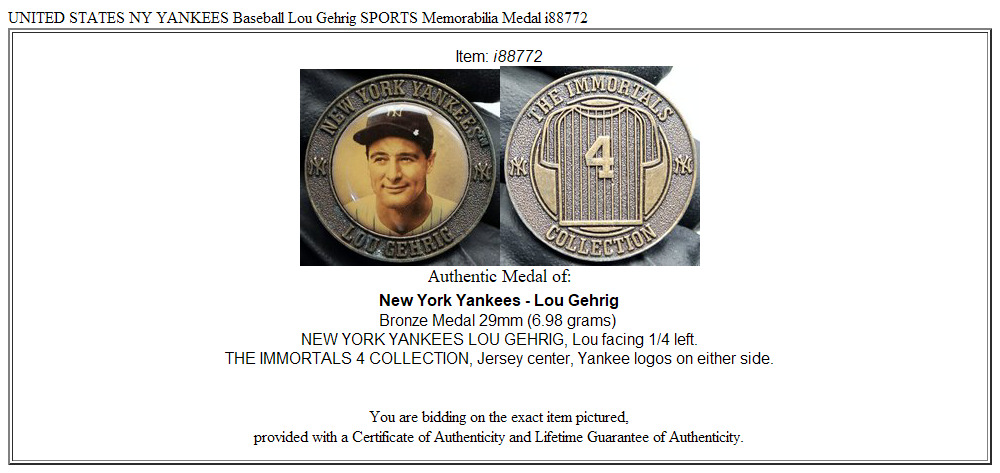 UNITED STATES NY YANKEES Baseball Lou Gehrig SPORTS Memorabilia Medal i88772